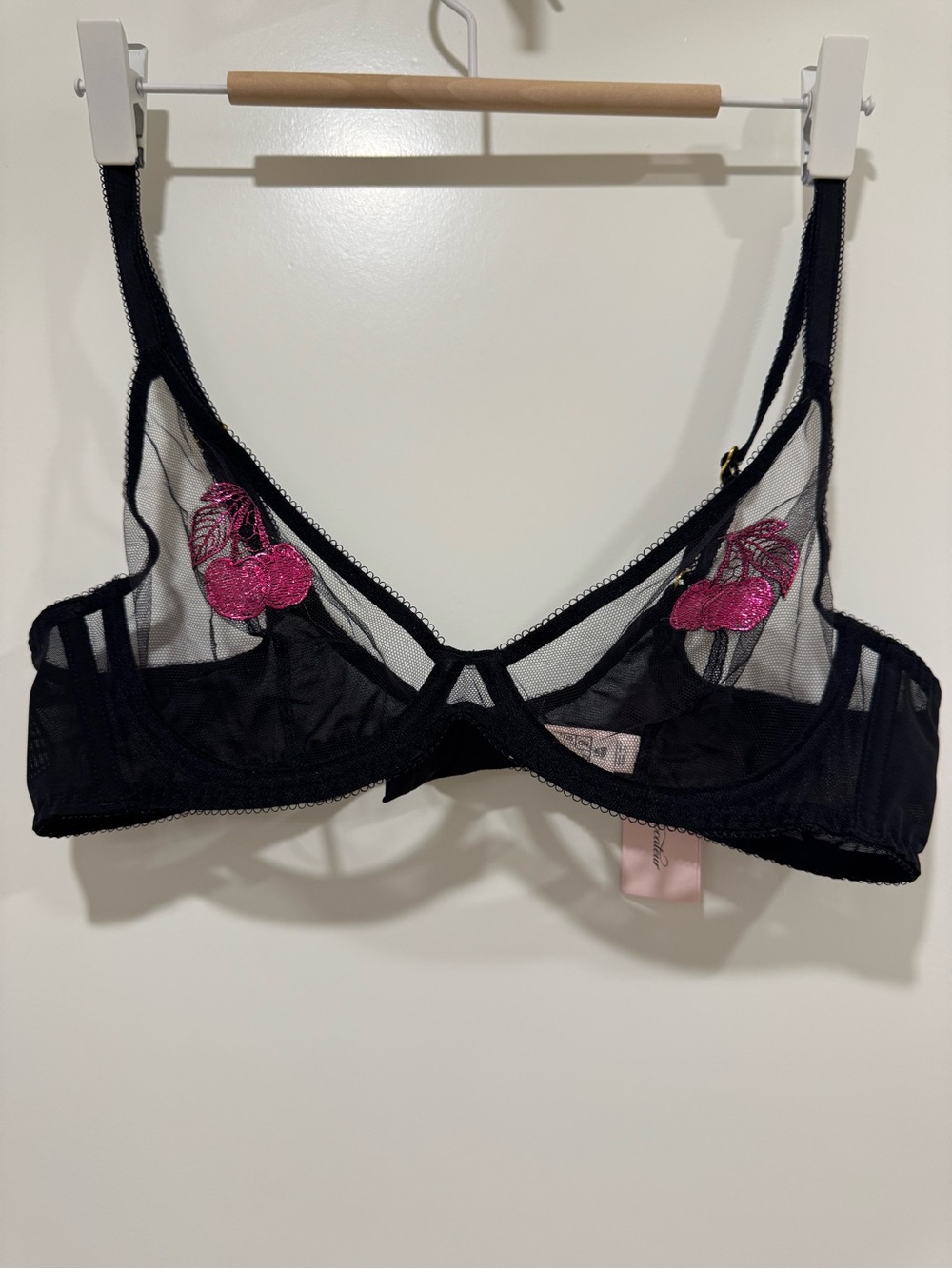 Agent Provocateur Sheer Black Underwire Bra with Pink Cherry Appliqué